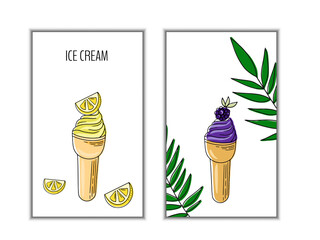 Set candy, ice cream flyers, banners. Collection of pages for kids menu,cafe,posters. Donuts, lollipop shop cards, cafeteria advertise. © Katisko