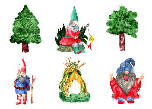 Watercolor set of green pine trees and cute gnomes like Santa. Christmas decorative set, garden gnomes collection, stickers set isolated on white background