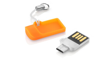 Pen drive for mobile phone with orange cover on white background