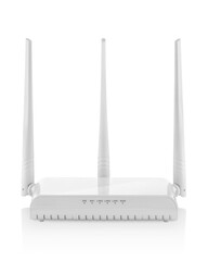 Front view of white wireless router with three antennas down isolated 