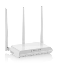 Side view of white wireless router with three antennas down isolated 