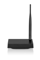 Front view of black wireless router with one antenna isolated