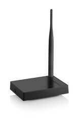 Fototapeta premium Side view of black wireless router with one antenna isolated