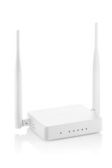 Side view of white wireless router with one antenna isolated