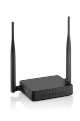 Side view of black wireless router with one antenna isolated