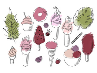 Complete collection of summer watercolor ice cream delicious in flat style. Vector illustration. Bright summer poster with sweet food. © Katisko