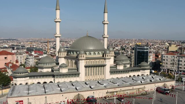 The new Taksim Mosque in Taksim Square aerial view. Istanbul, Turkey