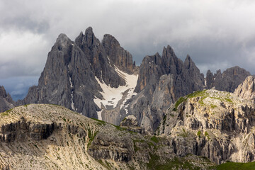 Dramatic mountain range with jagged peaks in the Dolomites