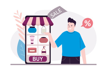 Male seller offer to buy cosmetic in online store. App on phone screen for buying skin care products. Man adverts makeup in the internet shop