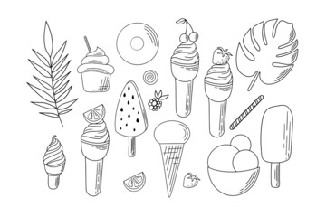 Complete collection of cartoon summer delicious ice cream in flat style. Vector illustration. Summer doodles on isolated white background © Katisko