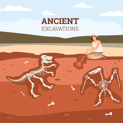 Ancient archaeological site banner or poster template, flat vector illustration.