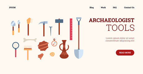 Web banner with set tools for working of archaeologists at archeology digs.
