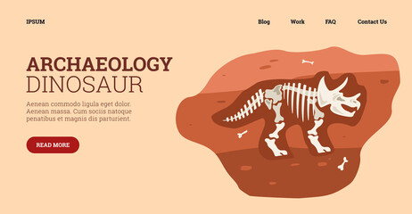 Template for banner with skeleton, bones dinosaur underground in flat style