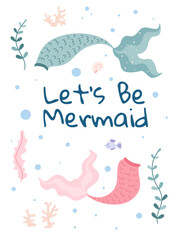 Card or poster with mermaid tails in underwater world, flat vector illustration