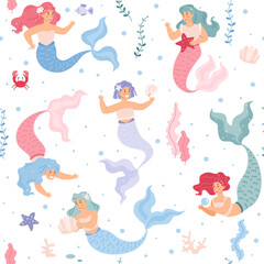 Obraz na płótnie Canvas Seamless decorative girlish pattern with mermaids, flat vector illustration.