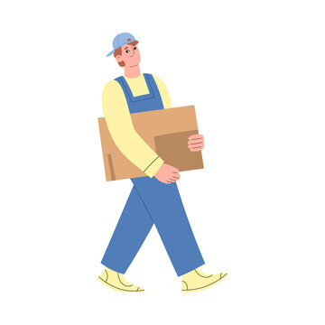 Worker of warehouse or delivery service carry cardboard box.