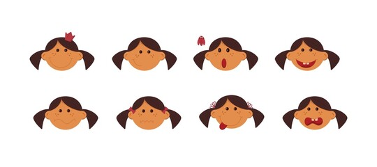 Icon set close-up portrait of the funny girl with different facial expressions. All objects are separated. Hand drawn. Vector illustration.