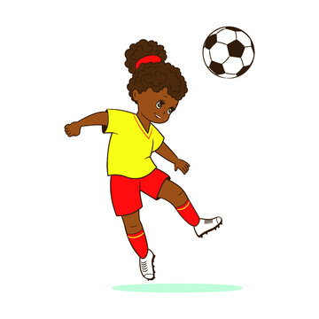 The girl football player beats the soccer ball with her head. Vector illustration in cartoon style, comic flat