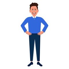 a man stands with a smile on his hands on his belt. male office worker isolated vector on white background