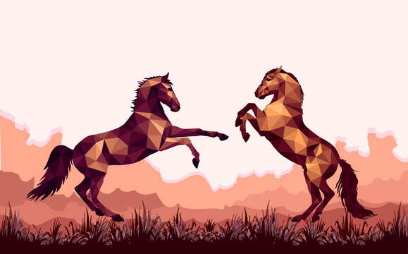 two horses on their hind legs, image in the low poly style, isolated against a landscape background