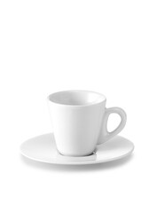 Xícara de louça para café com pires isolada e em ponto de vista frontal