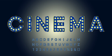 Blue shining marquee alphabet with numbers and warm light. Vintage illuminated letters for text logo or sale banner