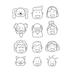 Family vector icons set in thin line style. Happy faces set. Family. Grandparents, mother, father, children and pets. Vector illustration.