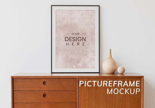 Picture Frame Mockup on a Wooden Cabinet
