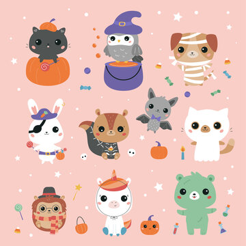 Kawaii animals dressed in Halloween costumes. Cute cartoon animals characters in pumpkin, witch, mummy, zombie, unicorn, wizard, pirate, skeleton, vampire and ghost outfit. Flat style illustration.