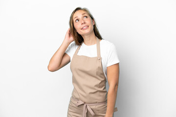 Fototapeta premium Restaurant waiter caucasian woman isolated on white background thinking an idea