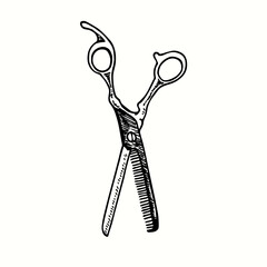 Hairdressing scissors, blade with brush. Ink black and white doodle drawing in woodcut style