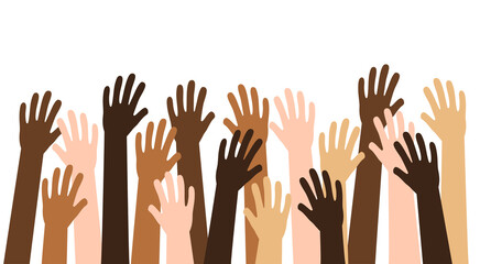 Hands of diverse group of people together raised up, vector illustration