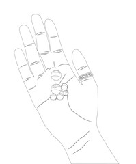 Human hand with pills in the palm. Vector stock illustration in doodle style isolated on white background.