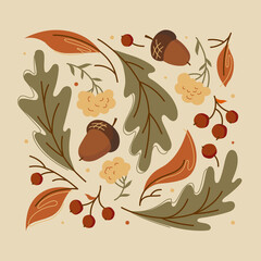 Set of autumn elements. Leaves, acorns and berries. Vector image. © Tatyana