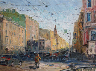 Saint-Petersburg street in summer, oil painting with palette knife