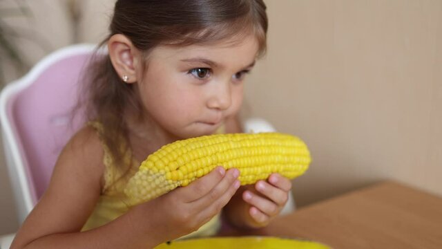 Adorable little girl eating corn at home. Cute kid tree year old eat boild corn