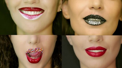Closeup of different kind of beautiful woman lips with beautiful make up sending air kisses in one video footage . Close up of few girl's mouth having flirty emotions and sending air kiss .