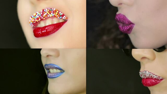 Closeup of different kind of beautiful woman lips with beautiful make up sending air kisses in one video footage . Close up of few girl's mouth having flirty emotions and sending air kiss .