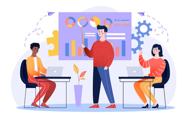Concept of business meeting, presentation, training, annual report with diverse fictional business characters. Website banner, marketing material, online advertising. Flat cartoon vector illustration