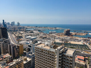 Obraz premium Beirut, Lebanon August 2 2021: A panoramic view of Beirut's Port where the August 4 massive blast happened. In the foreground appears the Electricity of Lebanon building.