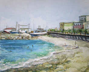 Rhodes harbour with ships in summer, oil painting