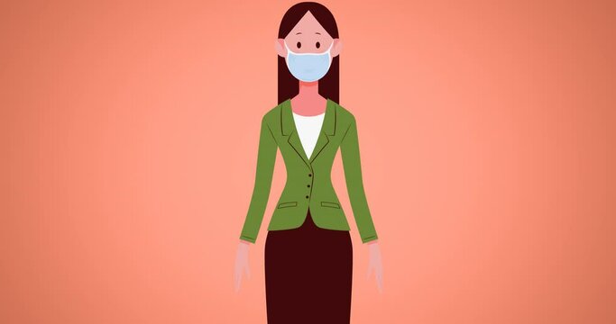 Animation of woman with face mask on red background