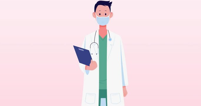 Animation of male doctor with face mask on white background