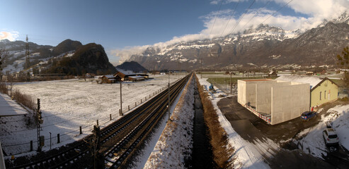 Fototapeta na wymiar Valley floor near Flums in Winter, Swiss Alps