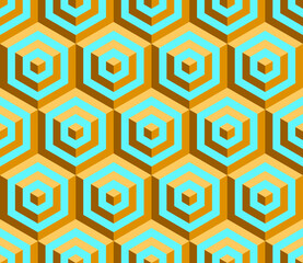 Cubes. Seamless 3D pattern. Optical illusions. Op Art. Template for fabric or wrapping. Modern textile. Geometric. Endless stylish background. Wallpapers. Blue, yellow. Luxury 3D Tiles.