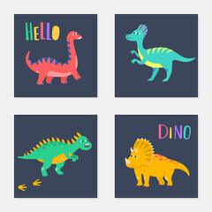 Set of colorful cards with cartoon dinosaurs.