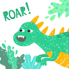 Cartoon dinosaur with "ROAR" lettering.