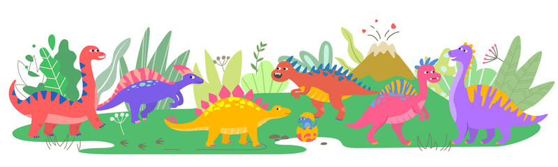 Background with cartoon colorful dinosaurs, volcano and plants.