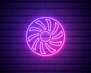 Glowing neon line Computer cooler icon isolated on brick wall background. PC hardware fan. Colorful outline concept. Vector