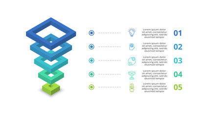 3D vector infographic pyramid, or comparison chart with 5 colorful levitating layers.